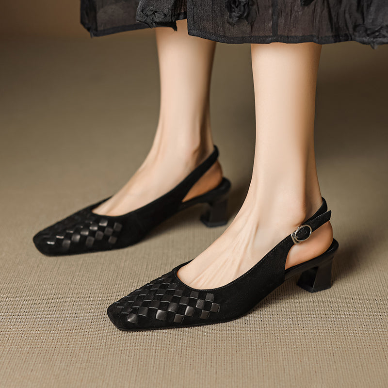 Women's Handmade Suede Woven Slingback Block Heel Sandals – Square-Toe Buckle Dress Shoes