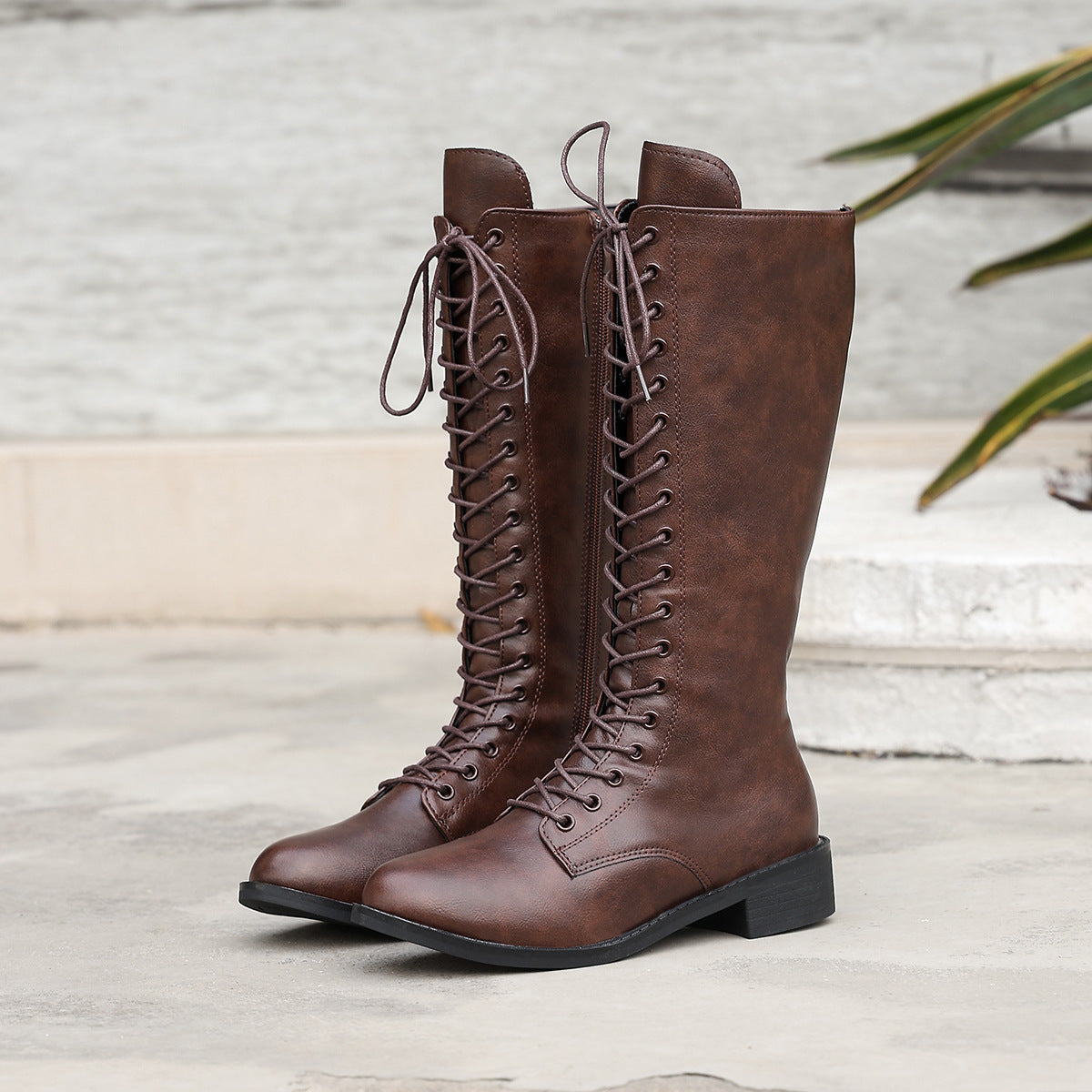 Women’s Round Toe Lace-Up Knee-High Boots – Stylish Casual Long Boots