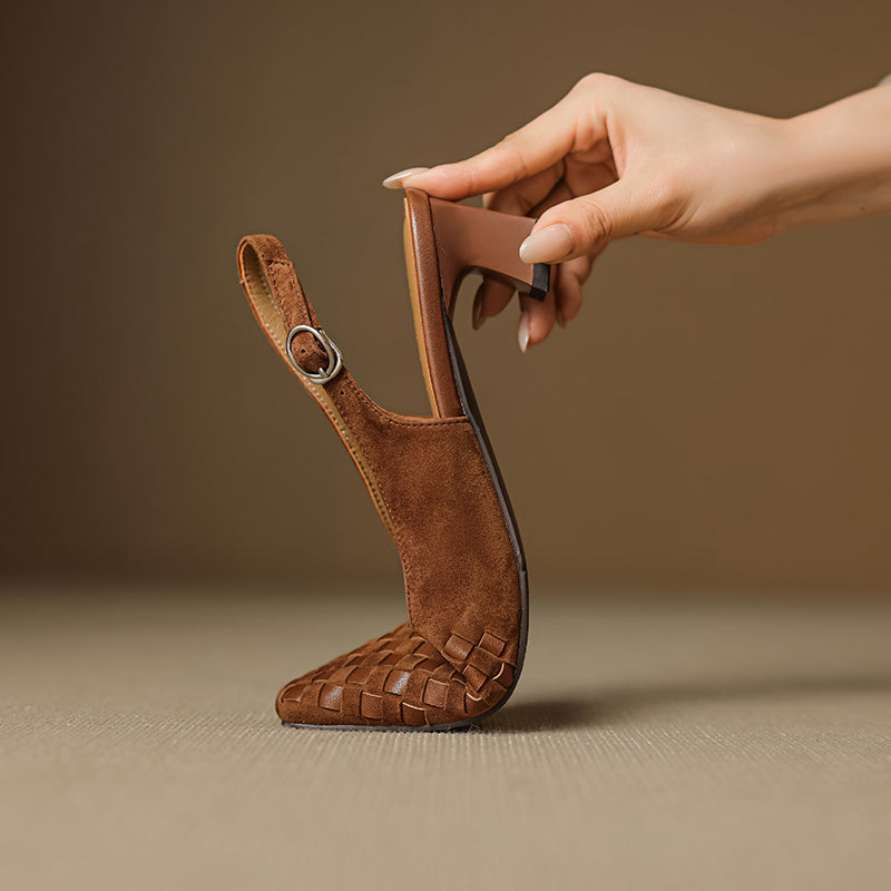 Women's Handmade Suede Woven Slingback Block Heel Sandals – Square-Toe Buckle Dress Shoes