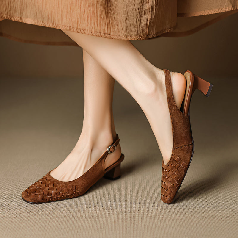 Women's Handmade Suede Woven Slingback Block Heel Sandals – Square-Toe Buckle Dress Shoes