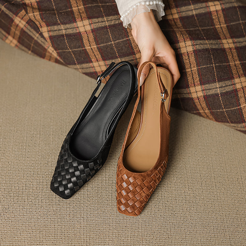 Women's Handmade Suede Woven Slingback Block Heel Sandals – Square-Toe Buckle Dress Shoes