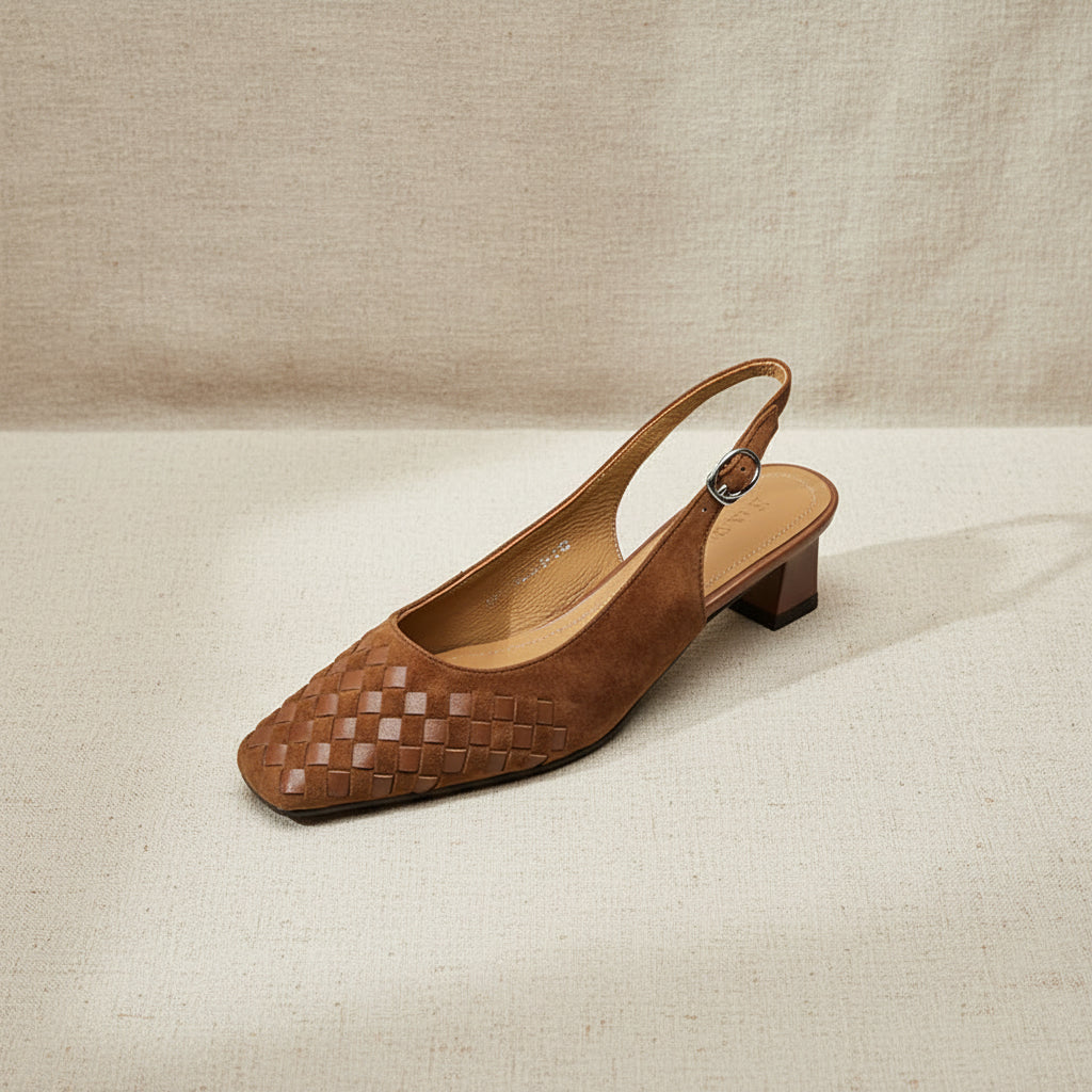 Women's Handmade Suede Woven Slingback Block Heel Sandals – Square-Toe Buckle Dress Shoes